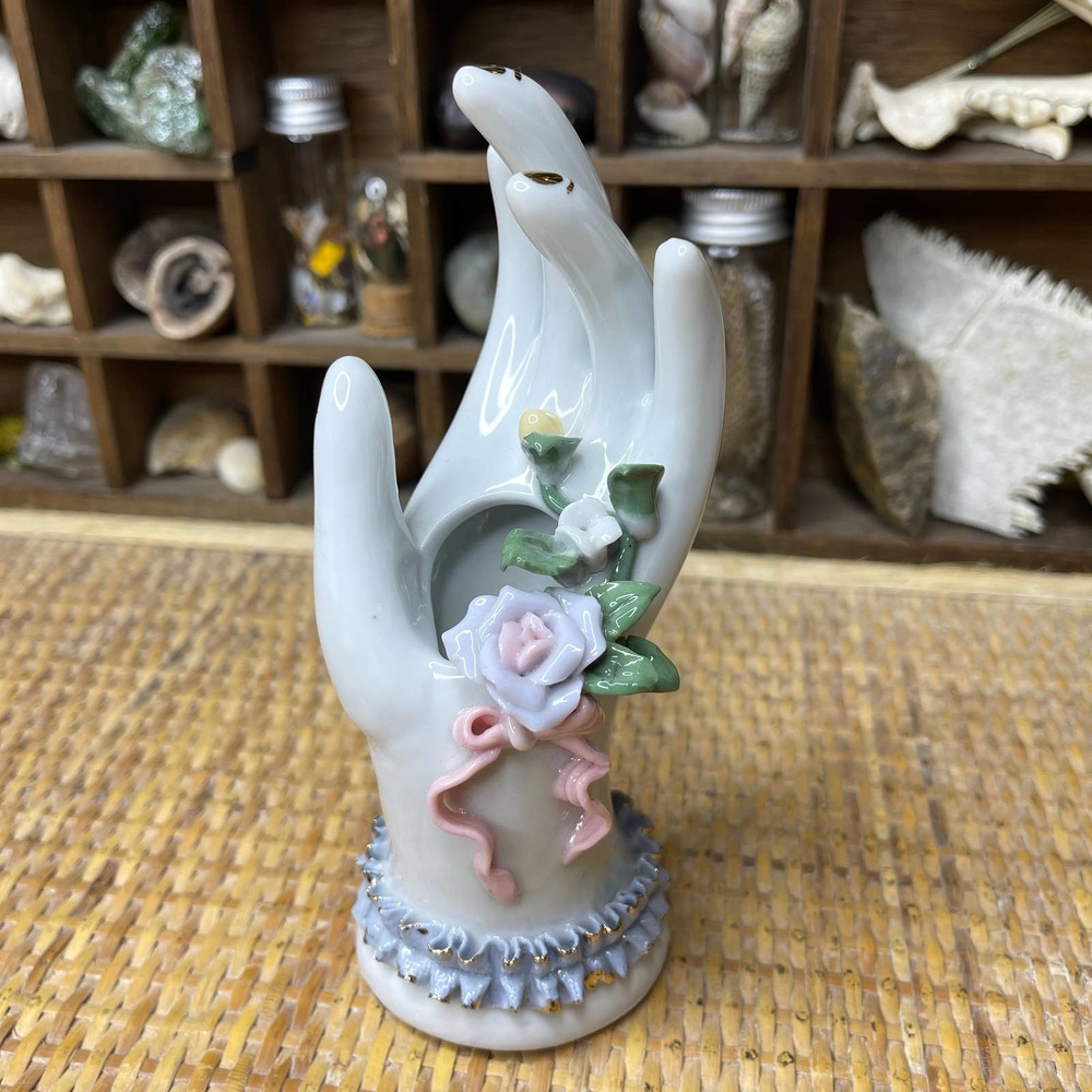 Vintage Porcelain Hand Vase Victorian Style Gold Nails Roses with Ruffle Cuff